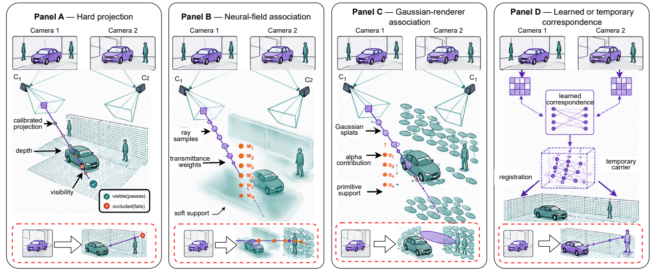 Comparison of hard projection, neural-field association, Gaussian-renderer association, and learned or temporary correspondence.